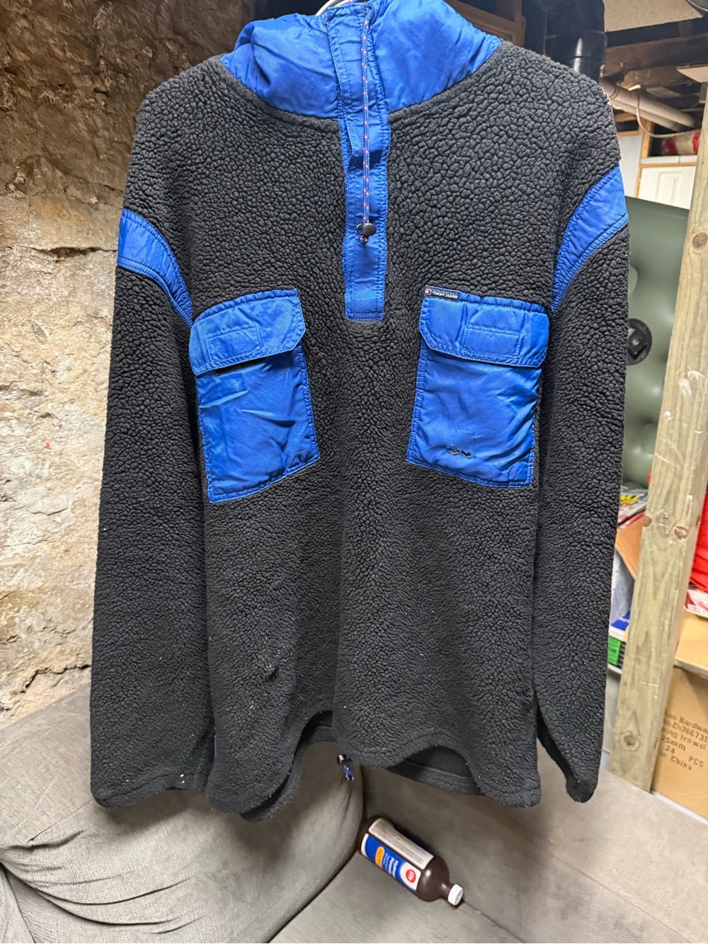 Tommy Hilfiger Black Sherpa Pullover with Blue Pocket Accents